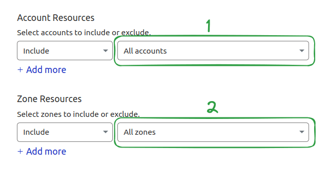 Screenshot of the Cloudflare interface where you need to select all accounts and zones for a token